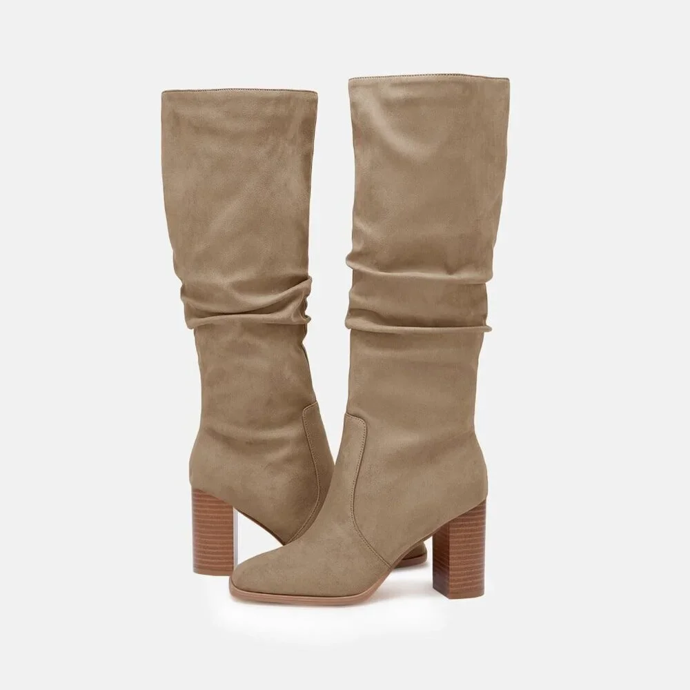 Women's Khaki Chunky High Heel Square Zipper Wide Calf Knee High Boots